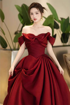 Elegant Burgundy A-Line Off-The-Shoulder Bow-Embellished Satin Long Formal Prom Dresses
