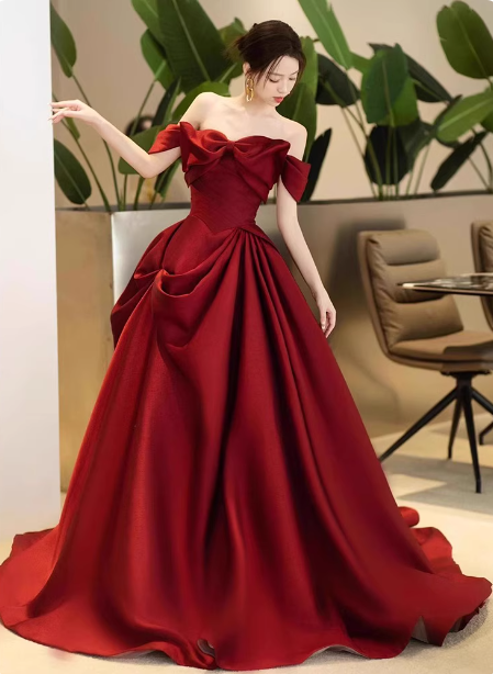 Elegant Burgundy A-Line Off-The-Shoulder Bow-Embellished Satin Long Formal Prom Dresses Main image