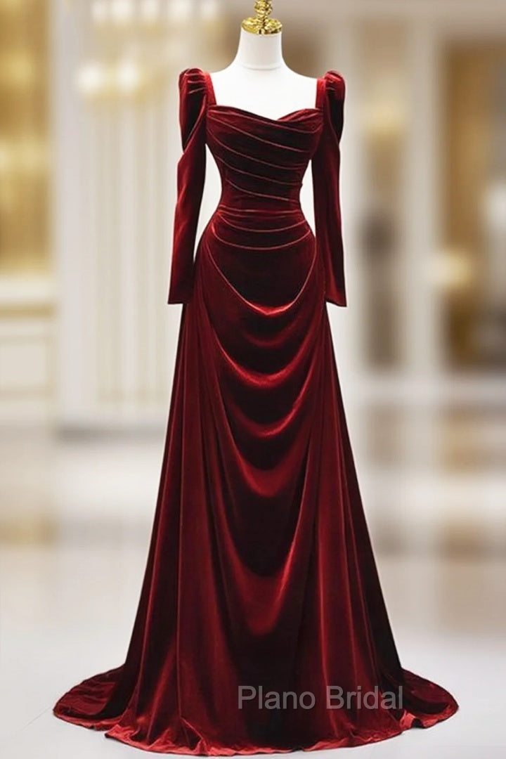 Elegant Wine Red Velvet Long Sleeves Formal Dresses, Formal Wedding Party Dresses