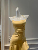 Elegant Yellow Irregular Halter Neck Satin Short Front Long Back Formal Prom Dresses