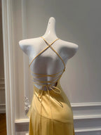 Elegant Yellow Irregular Halter Neck Satin Short Front Long Back Formal Prom Dresses