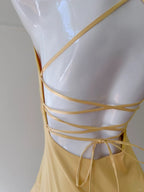 Elegant Yellow Irregular Halter Neck Satin Short Front Long Back Formal Prom Dresses