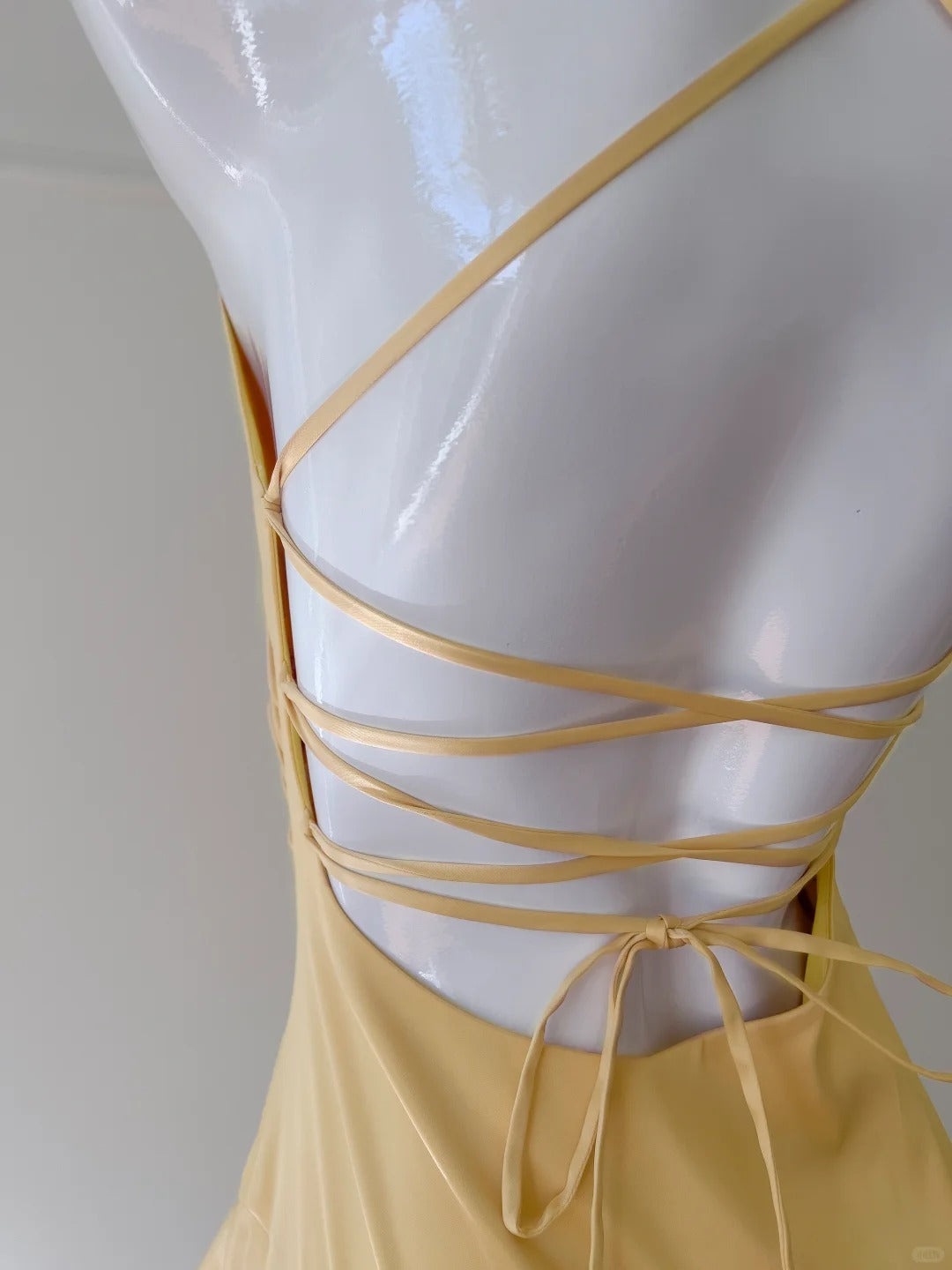 Elegant Yellow Irregular Halter Neck Satin Short Front Long Back Formal Prom Dresses