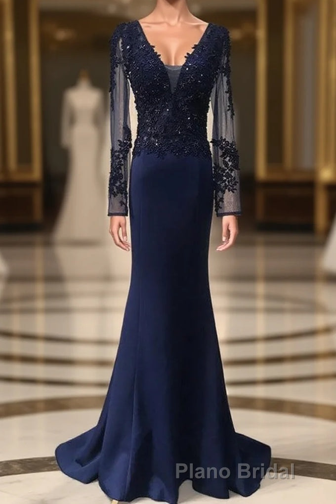 V-Neck Lace Top Mermaid Long Formal Prom Dresses