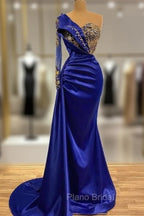 Elgeant Royal Blue One Shoulder Mermaid Formal Prom Dresses with Sleeves