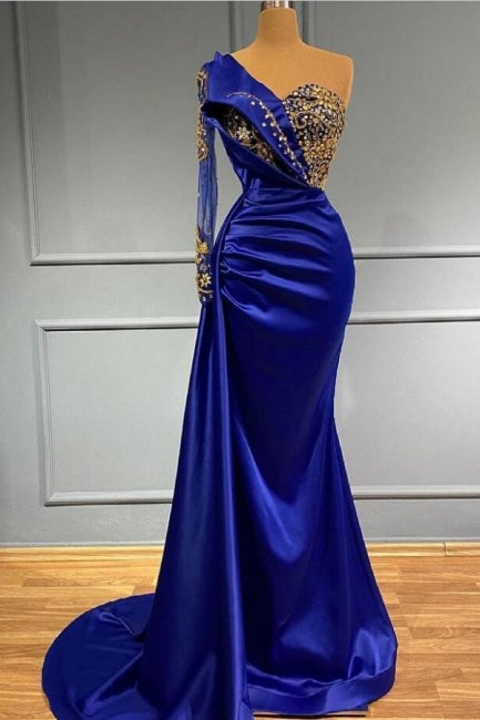 Elgeant Royal Blue One Shoulder Mermaid Prom Dresses With Sleeves Main image