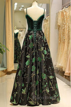 Embroidery Green Floral Long Formal Prom Evening Dresses