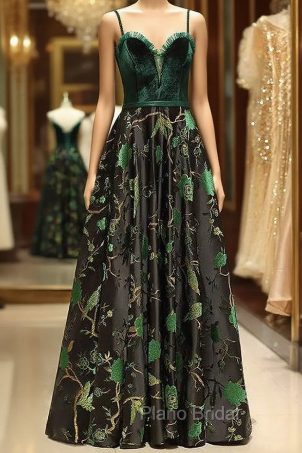 Embroidery Green Floral Long Formal Prom Evening Dresses Main image