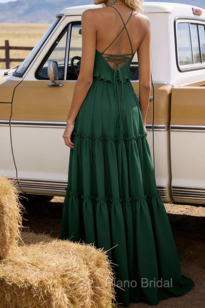 Emerald Green A-line V Neck Sleeveless Floor-Length Chiffon Prom Dress Long Prom Dresses Backless with Pleated Ruffles Secondary image