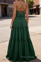 Emerald Green A-line V Neck Sleeveless Floor-Length Chiffon Prom Dress Long Prom Dresses Backless with Pleated Ruffles