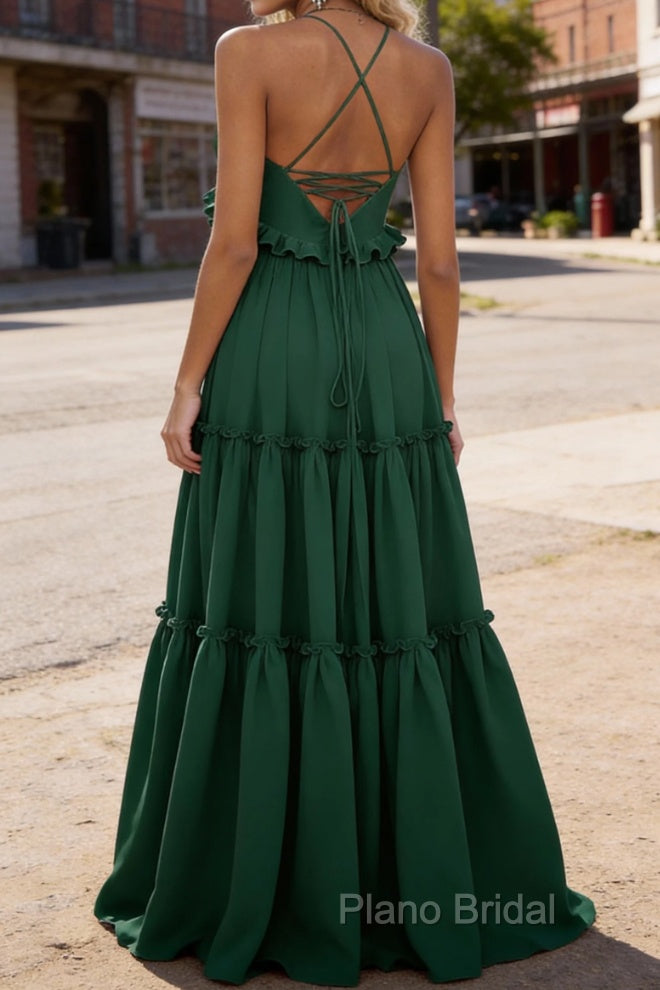 Emerald Green A-line V Neck Sleeveless Floor-Length Chiffon Prom Dress Long Prom Dresses Backless with Pleated Ruffles