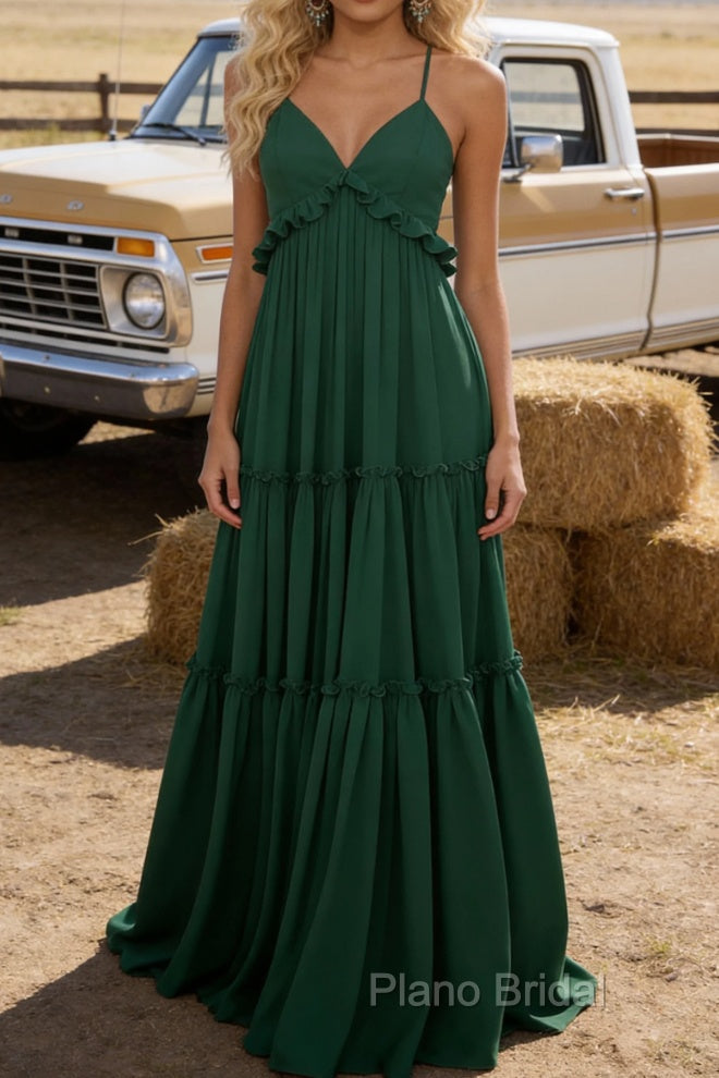 Emerald Green A-line V Neck Sleeveless Floor-Length Chiffon Prom Dress Long Prom Dresses Backless with Pleated Ruffles Main image