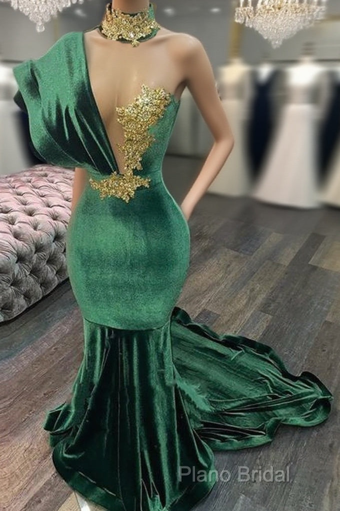 Emerald Green Formal Dresses High Neck Appliques Gold Lace Mermaid Formal Prom Dresses Sexy Formal Velvet Party Gowns