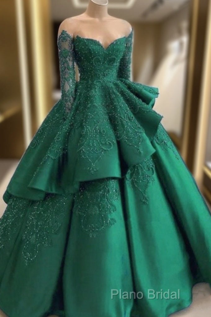 Emerald Green Formal Prom Dresses Long Sleeves Green Ball Gown Formal Prom Dresses