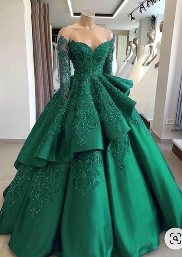 Emerald Green Formal Prom Dresses Long Sleeves Green Ball Gown Formal Prom Dresses Main image