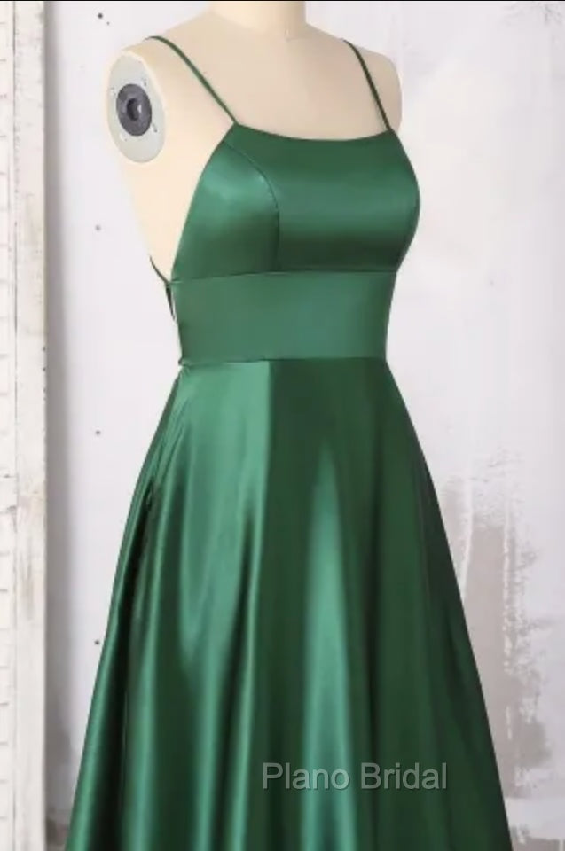 Emerald Green Formal Prom Dresses, Strappy Back Slit Simple Satin Formal Prom Dresses