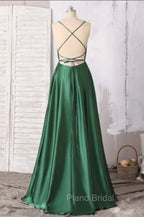 Emerald Green Formal Prom Dresses, Strappy Back Slit Simple Satin Formal Prom Dresses