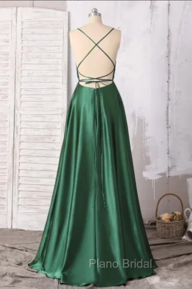 Emerald Green Formal Prom Dresses, Strappy Back Slit Simple Satin Formal Prom Dresses