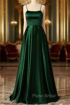 Emerald Green Formal Prom Dresses, Strappy Back Slit Simple Satin Formal Prom Dresses