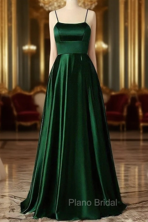 Emerald Green Formal Prom Dresses, Strappy Back Slit Simple Satin Formal Prom Dresses