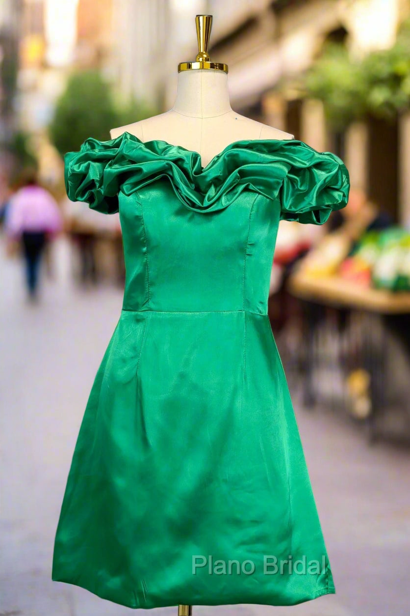 Emerald Green Sheath/Column Off-the-Shoulder Sleeveless Satin Short/Mini Homecoming Dresses With Ruffles Main image