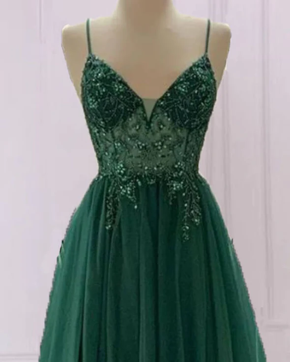 Emerald Green Beautiful V Neck Exquisite Beading Spaghetti Straps Long Tulle Handmade Custom Ball Gown Formal Evening Dresses Party Dresses