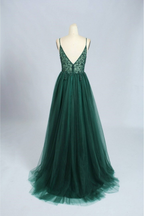 Emerald Green Beautiful V Neck Exquisite Beading Spaghetti Straps Long Tulle Handmade Custom Ball Gown Formal Evening Dresses Party Dresses