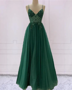 Emerald Green Beautiful V Neck Exquisite Beading Spaghetti Straps Long Tulle Handmade Custom Ball Gown Formal Evening Dresses Party Dresses