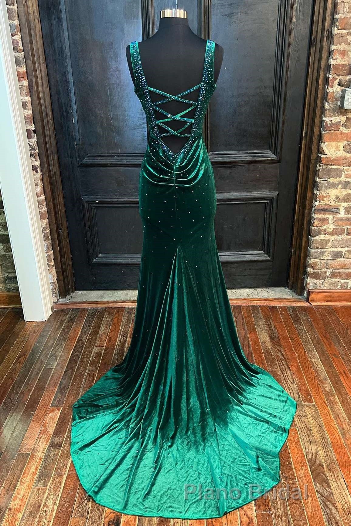 Emerald Velvet V-Neck Cutout Back Mermaid Long Prom Dresses Secondary image