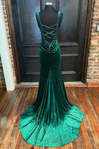 Emerald Velvet V-Neck Cutout Back Mermaid Long Prom Dresses
