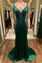 Emerald Velvet V-Neck Cutout Back Mermaid Long Prom Dresses
