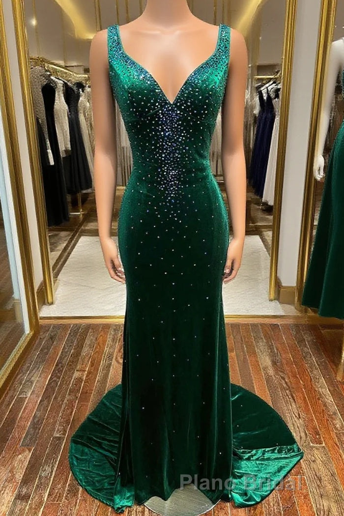 Emerald Velvet V-Neck Cutout Back Mermaid Long Prom Dresses Main image