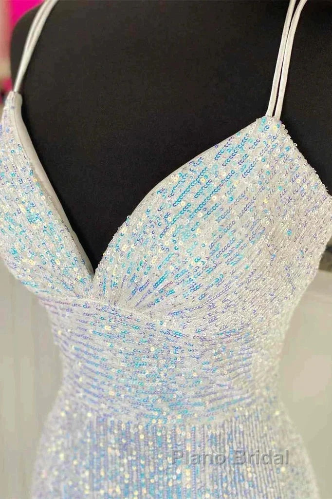 Empire Mermaid White Sequin V-Neck Formal Prom Dresses