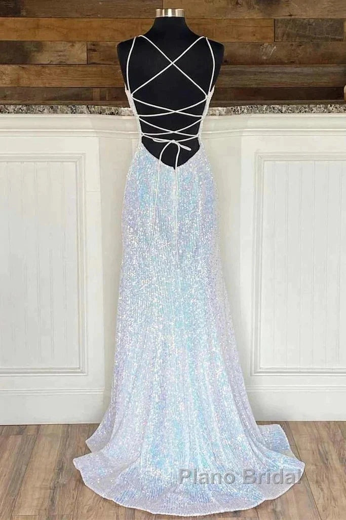 Empire Mermaid White Sequin V-Neck Formal Prom Dresses