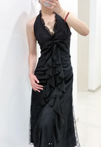 Sweet Black Halter A-Line Chiffon&Tulle Open Back Formal Prom Dresses Birthday Dresses