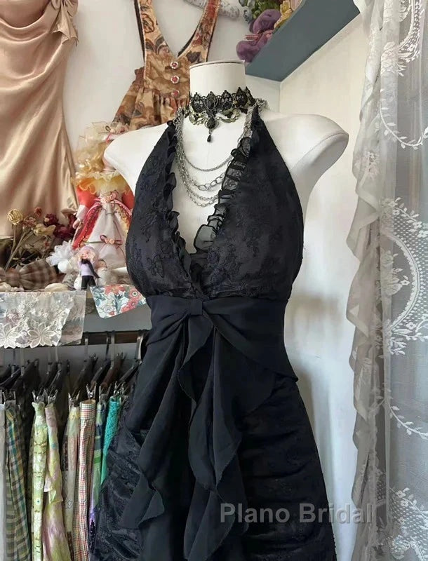 Enchanted Black A-Line  Ball Gown Chiffon&Tulle Princess Halter  Open Back Design For Galas & Formal Events