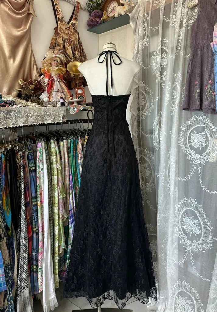 Sweet Black Halter A-Line Chiffon&Tulle Open Back Formal Prom Dresses Birthday Dresses