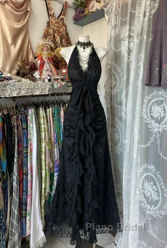 Enchanted Black A-Line  Ball Gown Chiffon&Tulle Princess Halter  Open Back Design For Galas & Formal Events