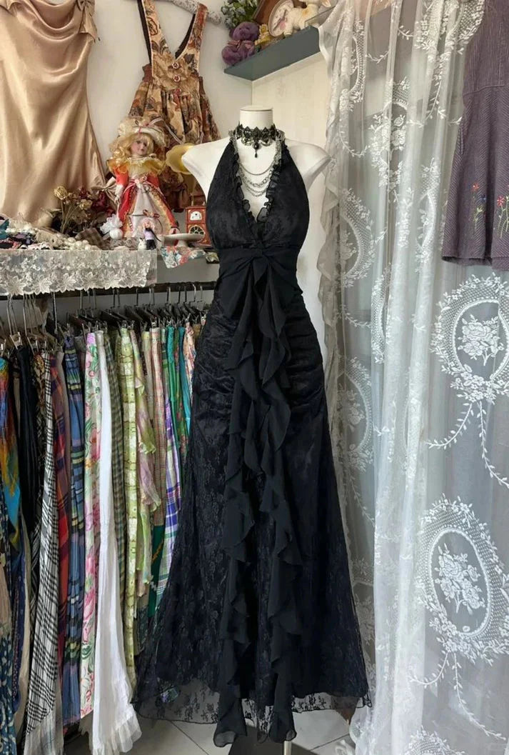 Sweet Black Halter A-Line Chiffon&Tulle Open Back Formal Prom Dresses Birthday Dresses