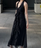 Sweet Black Halter A-Line Chiffon&Tulle Open Back Formal Prom Dresses Birthday Dresses