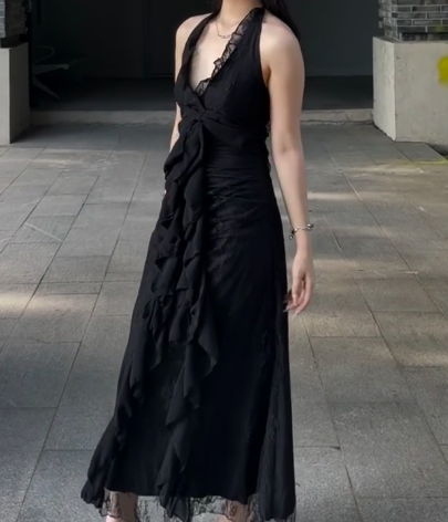 Sweet Black Halter A-Line Chiffon&Tulle Open Back Formal Prom Dresses Birthday Dresses