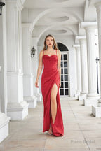 Engerla Sexy High Slit Evening Dresses Spaghetti Satin Ruched Shower Party Dress Pageant Celebrity Gown