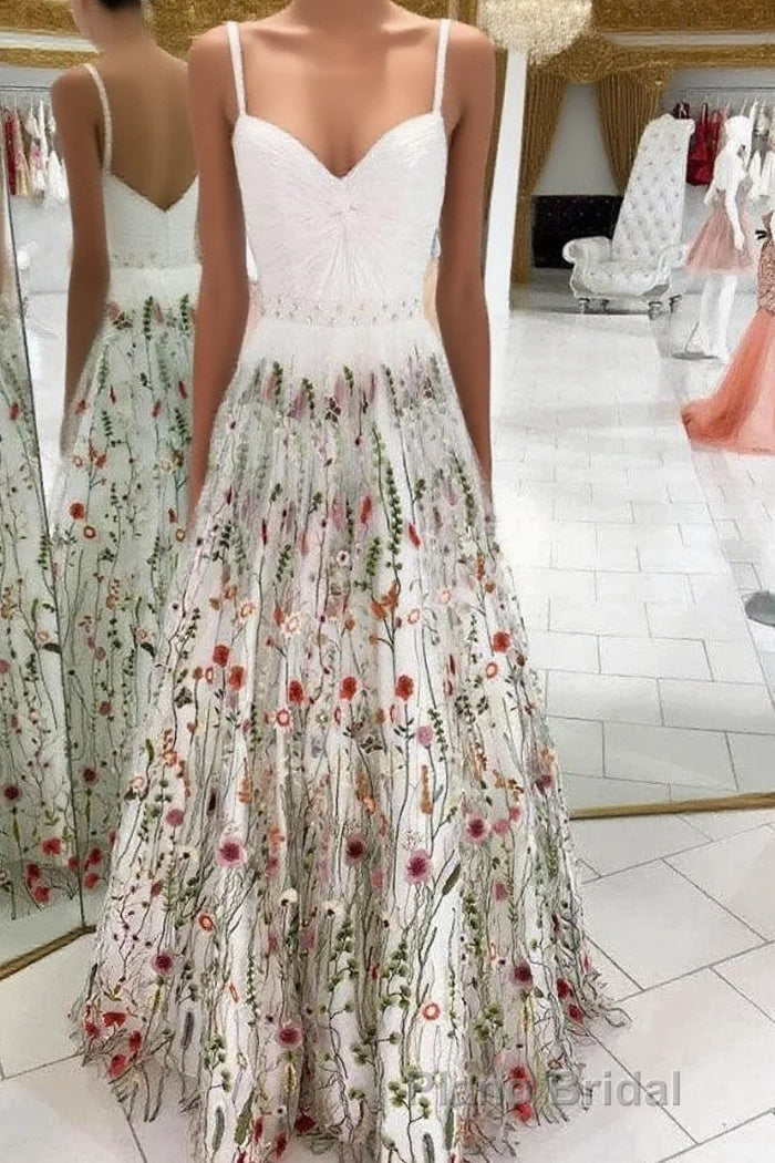 White Straps Floor Length Long Formal Prom Dresses with Lace Flowers Prom Dresses