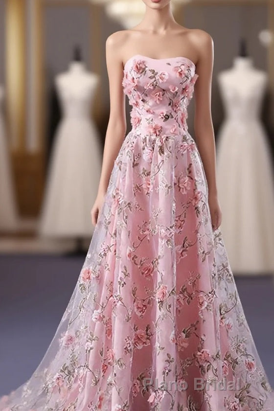 Pink Tulle 3D Flowers Long Formal Prom Dresses, Pink Evening Dresses