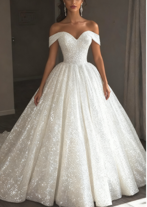 Ethereal Wedding Dresses Ball Gown Off The Shoulder Sequin White Wedding Dresses Bridal Gowns
