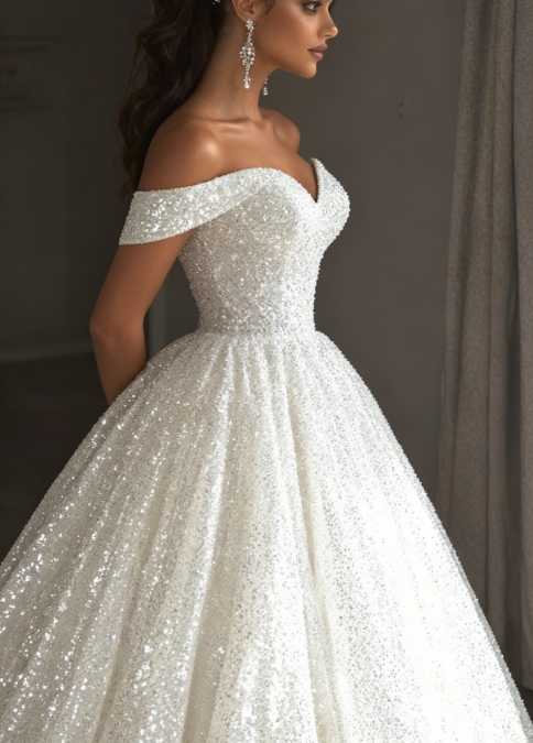 Ethereal Wedding Dresses Ball Gown Off The Shoulder Sequin White Wedding Dresses Bridal Gowns