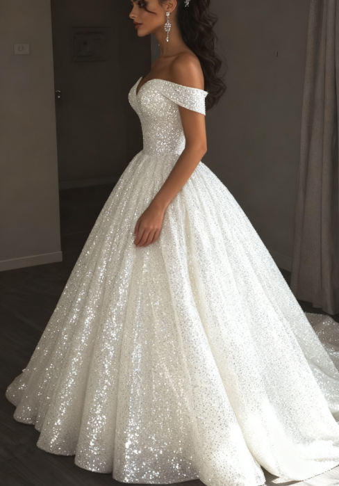 Ethereal Wedding Dresses Ball Gown Off The Shoulder Sequin White Wedding Dresses Bridal Gowns