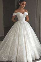 Ethereal Wedding Dresses Ball Gown Off The Shoulder Sequin White Wedding Dresses Bridal Gowns