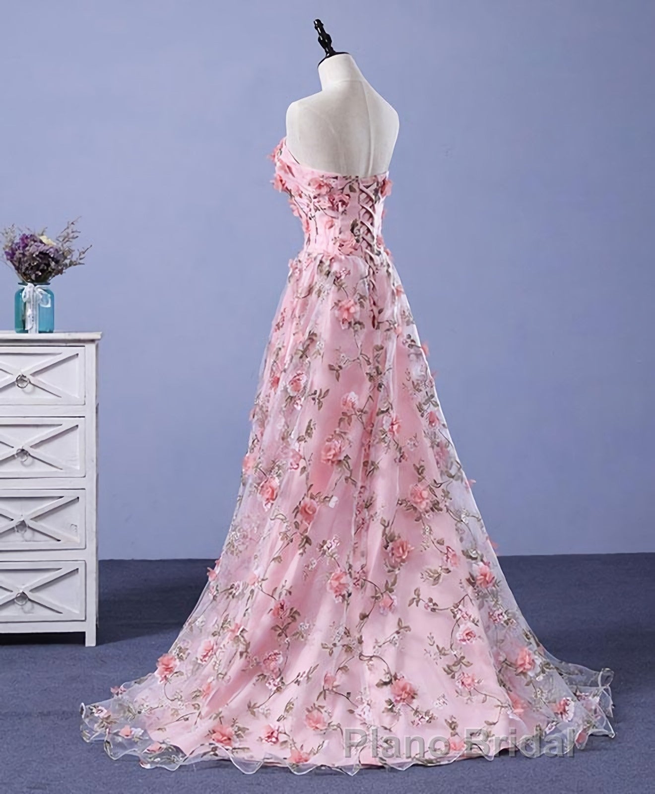 Pink Tulle 3D Flowers Long Formal Prom Dresses, Pink Evening Dresses Secondary image