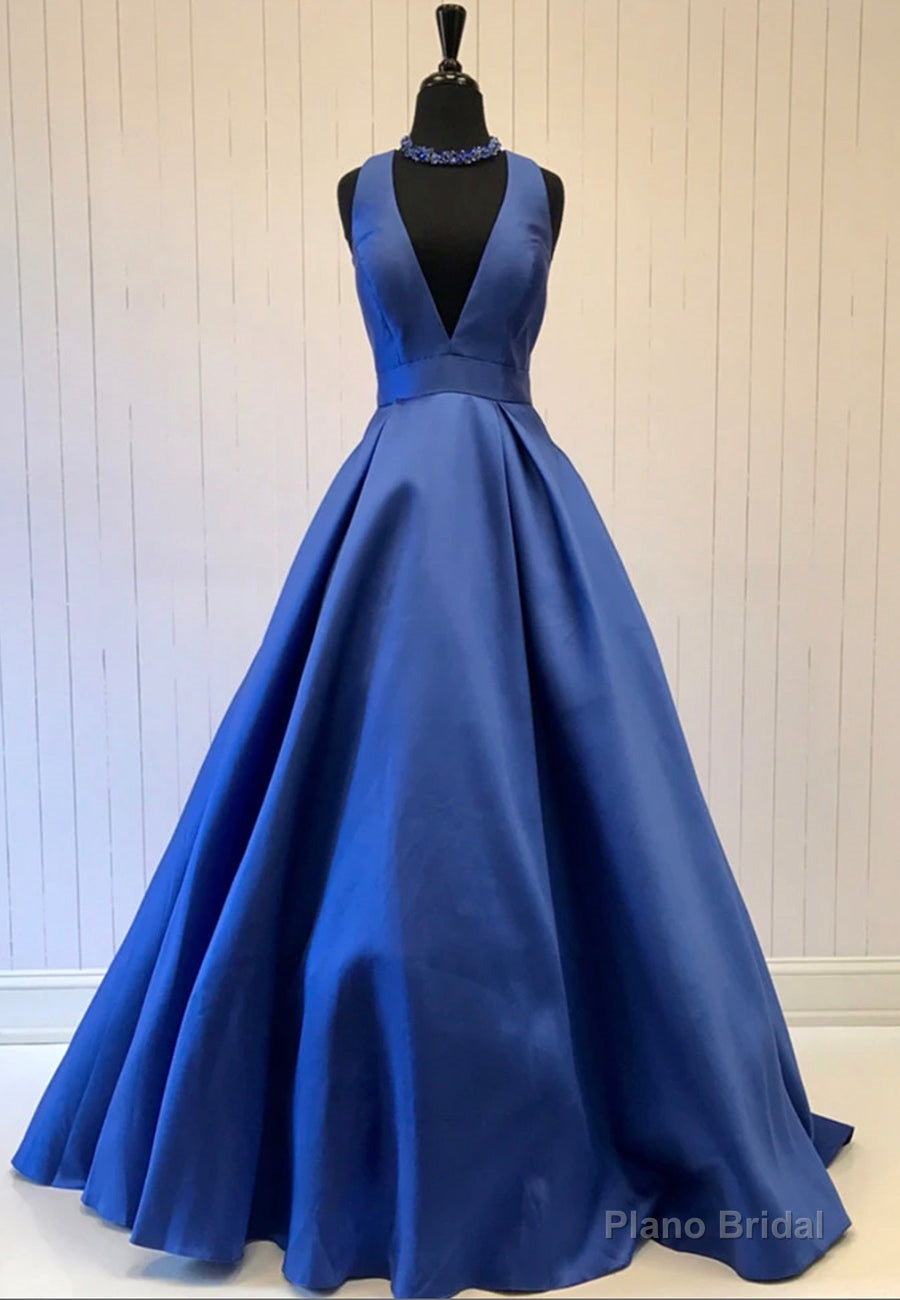 Blue V-Neck Saitn Long Prom Dresses, A-Line Evening Dresses Main image